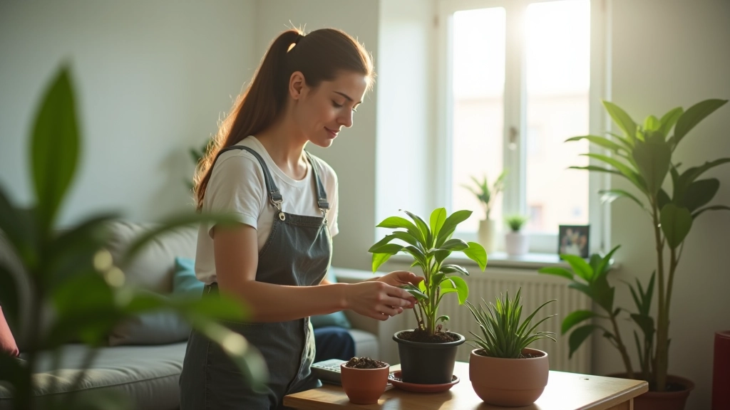 Inquilino cuidando de planta em apartamento bem mantido
