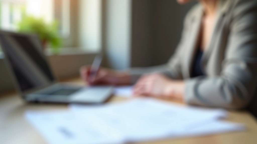Pessoa consultando documentos legais de habitação em casa com computador e documentos impressos na mesa
