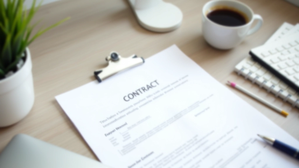 Documento de contrato de arrendamento sobre mesa de trabalho com anotações, caneta e copo de café, iluminação de escritório clara